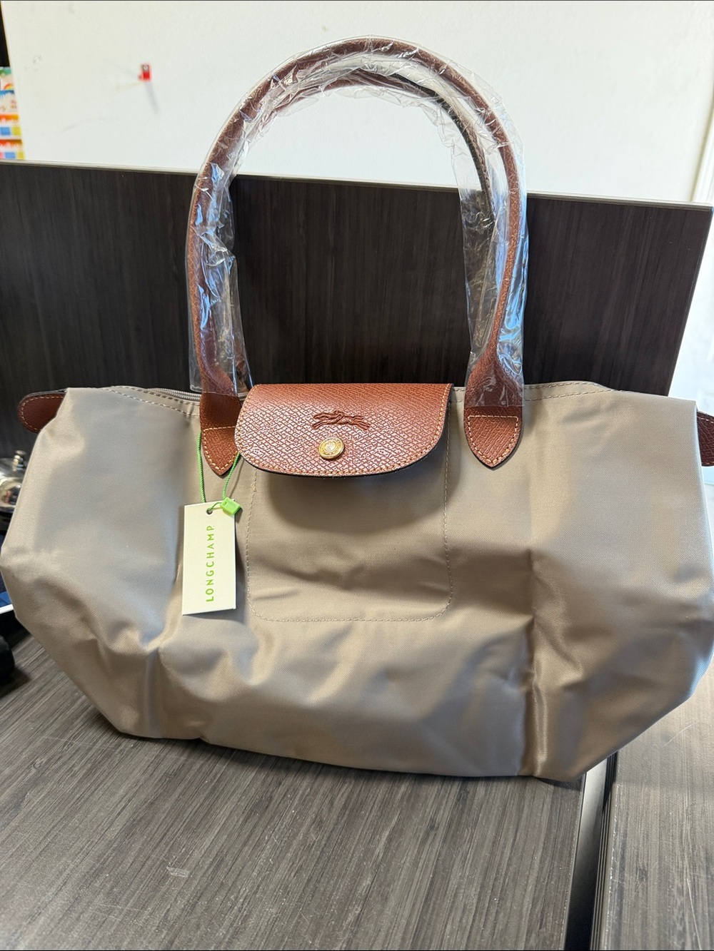 Longchamp Medium Le Pliage Classic Tote Bag in Taupe with Brown Trim - Picture 1 of 6